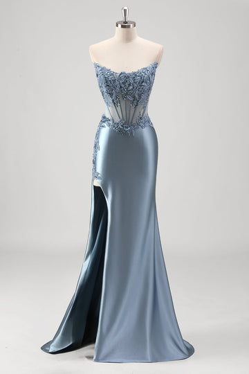 Grigio blu sirena perline senza spalline metallico Abito da Cerimonia con fessura